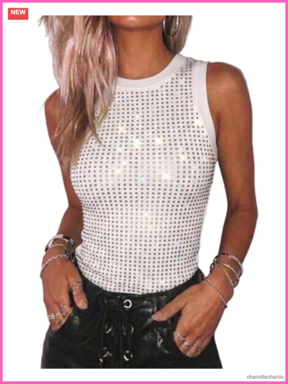 Rhinestone Ribbed Tank Top Women Sleeveless Going Out Party Summer